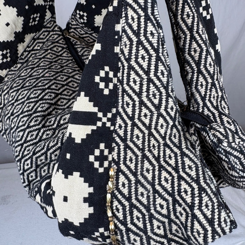 Stela 9 Shiva Boho Hobo Bag Geometric Black Ivory Braided Handle Shoulder Bag - Picture 7 of 16